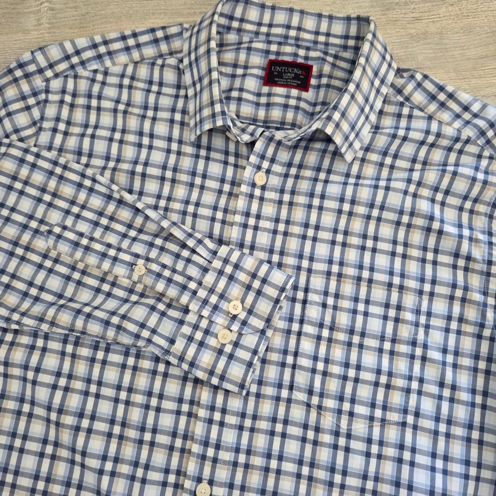 UNTUCKit Button Down Shirt Blue Check Slim Fit Performance Mens Large